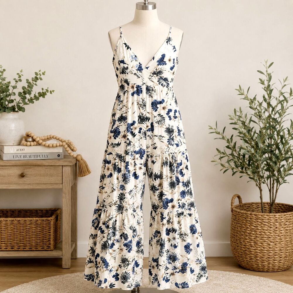 SHEIN Curve Tropical Print Wide Leg Tiered Jumpsuit 2XL Plus Size